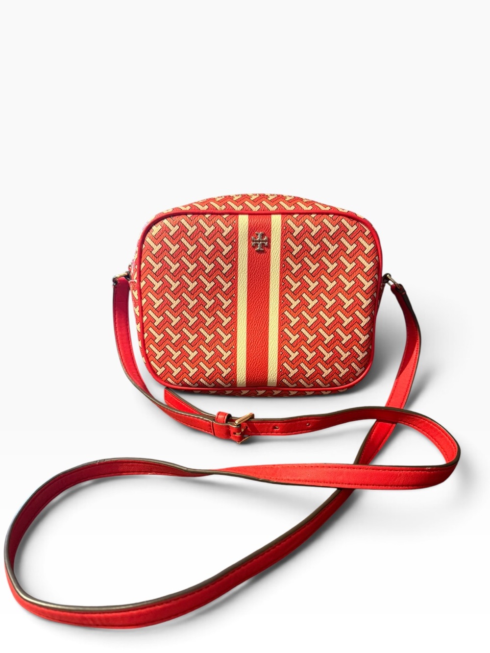 Red Patterned Crossbody Bag with Gold Accent